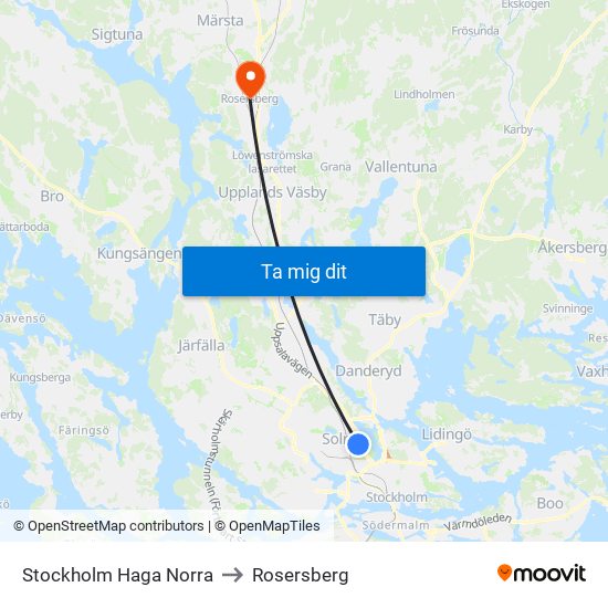 Stockholm Haga Norra to Rosersberg map