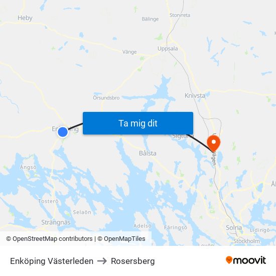 Enköping Västerleden to Rosersberg map