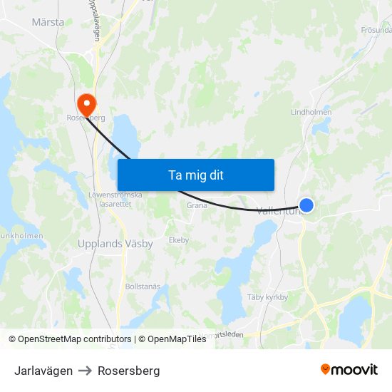 Jarlavägen to Rosersberg map