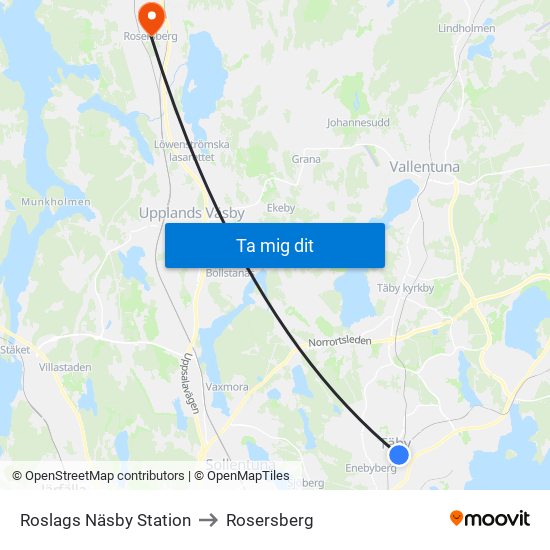 Roslags Näsby Station to Rosersberg map