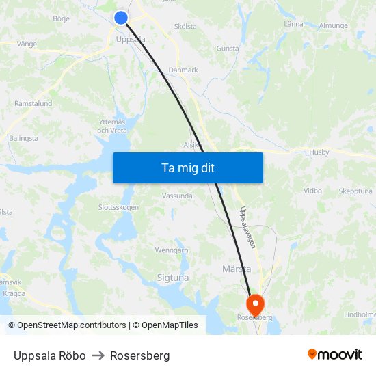 Uppsala Röbo to Rosersberg map