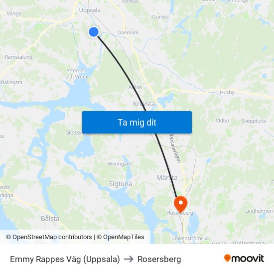 Emmy Rappes Väg (Uppsala) to Rosersberg map