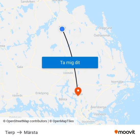 Tierp to Märsta map