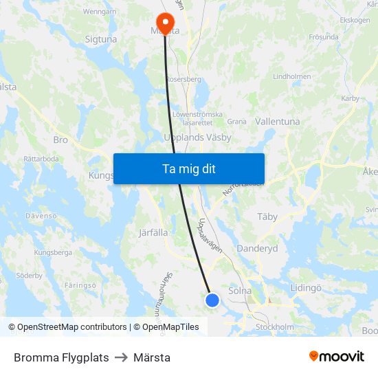 Bromma Flygplats to Märsta map