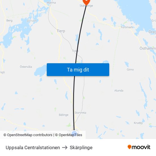 Uppsala Centralstationen to Skärplinge map