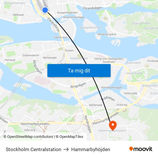 Stockholm Centralstation to Hammarbyhöjden map