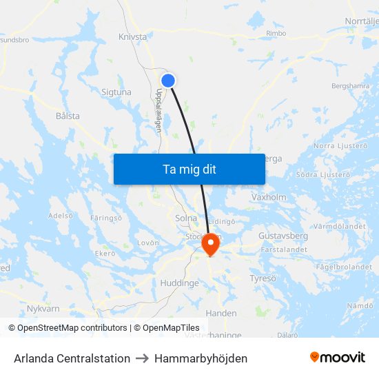 Arlanda Centralstation to Hammarbyhöjden map