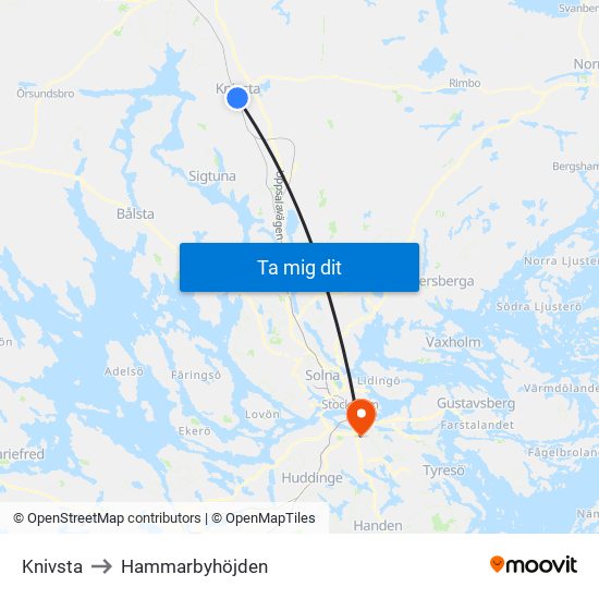 Knivsta to Hammarbyhöjden map