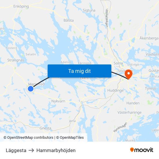 Läggesta to Hammarbyhöjden map