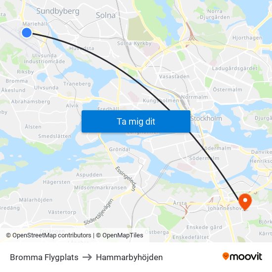 Bromma Flygplats to Hammarbyhöjden map