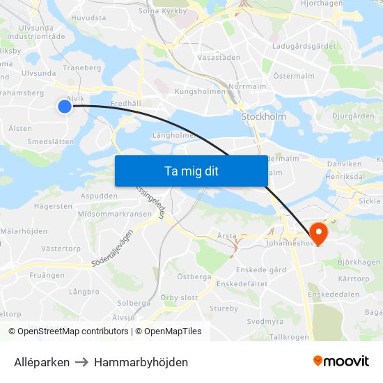 Alléparken to Hammarbyhöjden map