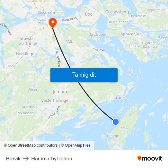 Brevik to Hammarbyhöjden map