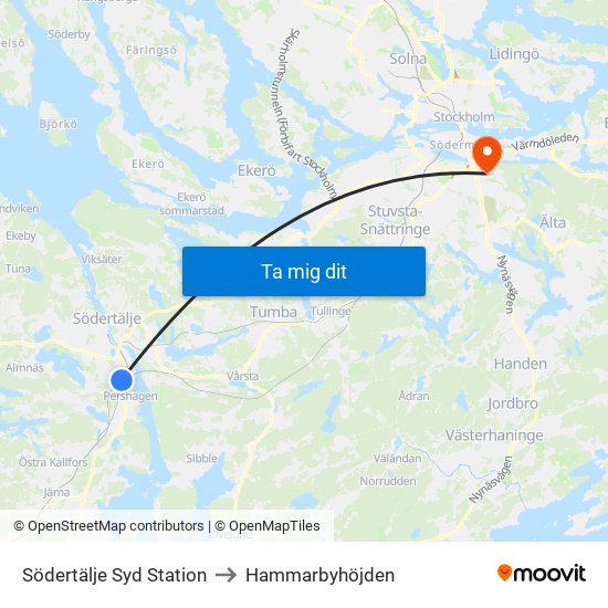 Södertälje Syd Station to Hammarbyhöjden map