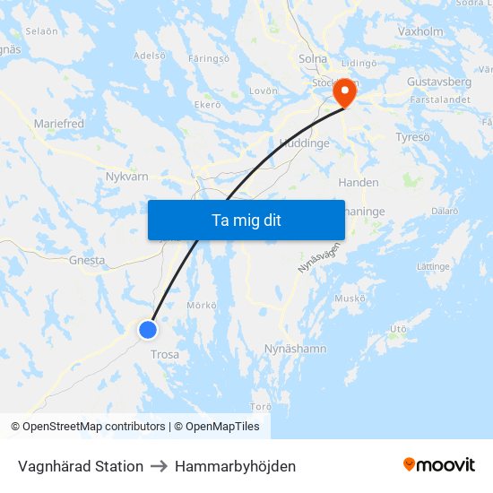 Vagnhärad Station to Hammarbyhöjden map