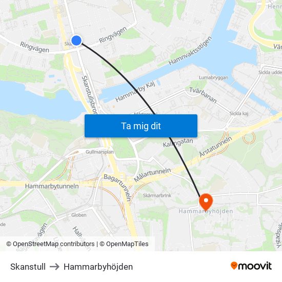 Skanstull to Hammarbyhöjden map