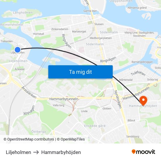 Liljeholmen to Hammarbyhöjden map
