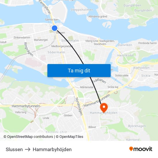 Slussen to Hammarbyhöjden map