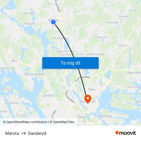 Märsta to Danderyd map