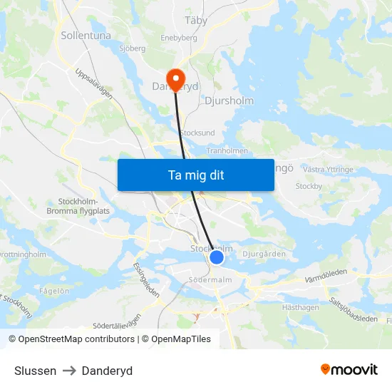 Slussen to Danderyd map