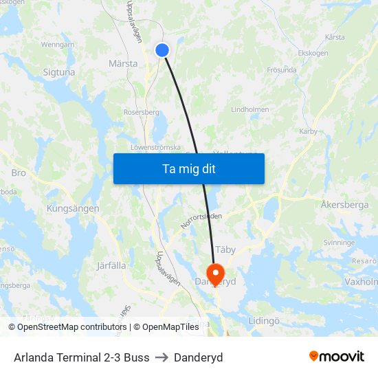 Arlanda Terminal 2-3 Buss to Danderyd map