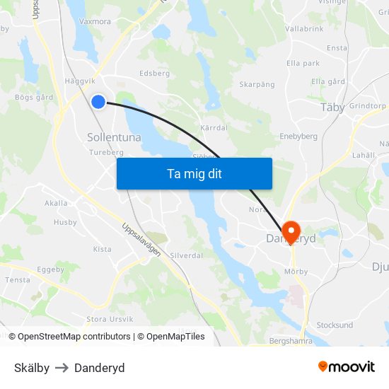 Skälby to Danderyd map
