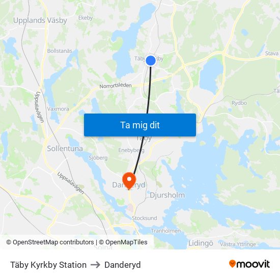 Täby Kyrkby Station to Danderyd map