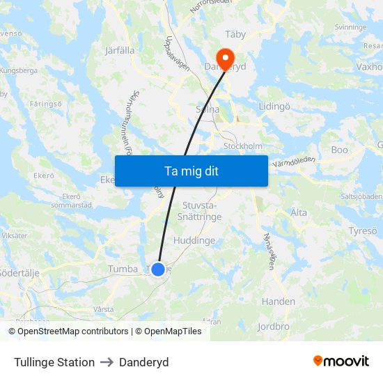 Tullinge Station to Danderyd map