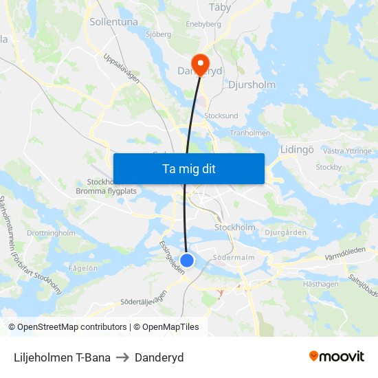 Liljeholmen T-Bana to Danderyd map