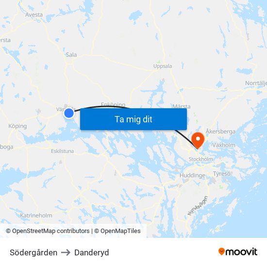 Södergården to Danderyd map