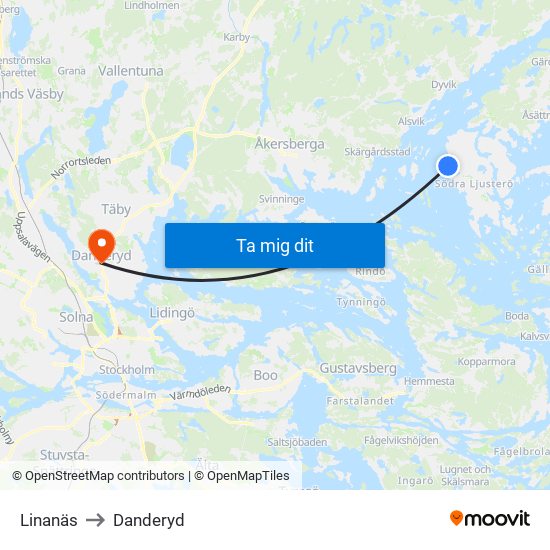 Linanäs to Danderyd map