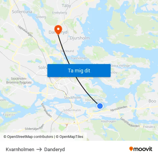 Kvarnholmen to Danderyd map