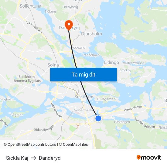 Sickla Kaj to Danderyd map