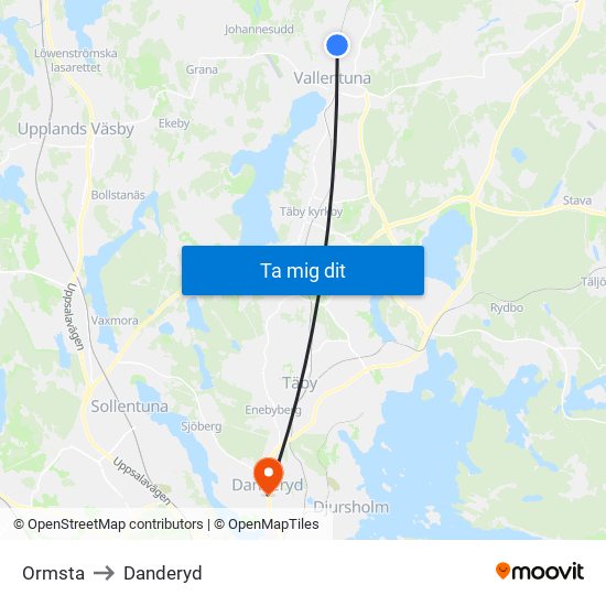 Ormsta to Danderyd map