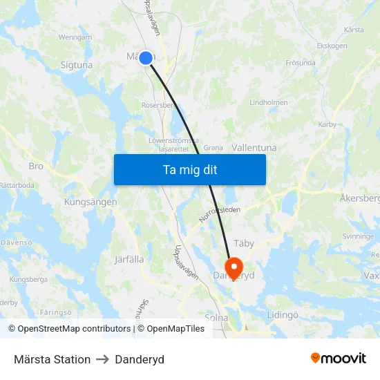 Märsta Station to Danderyd map