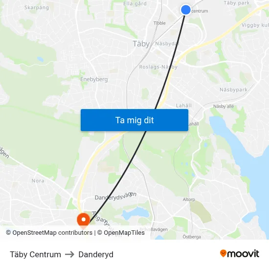 Täby Centrum to Danderyd map