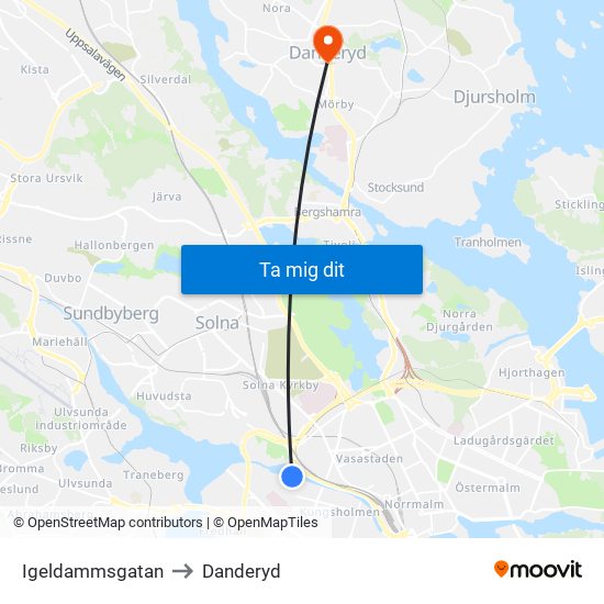 Igeldammsgatan to Danderyd map