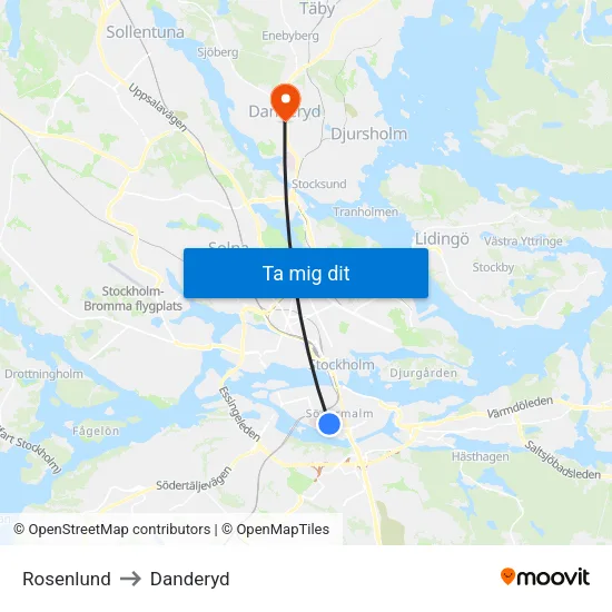 Rosenlund to Danderyd map