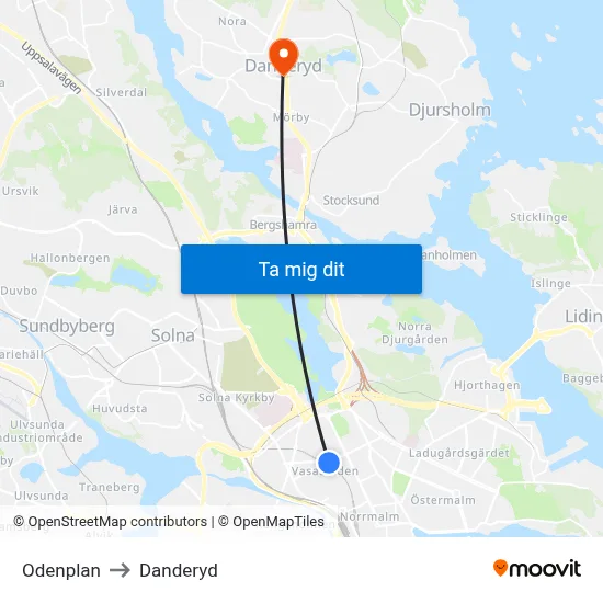 Odenplan to Danderyd map