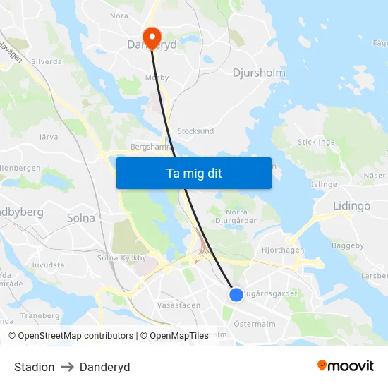 Stadion to Danderyd map