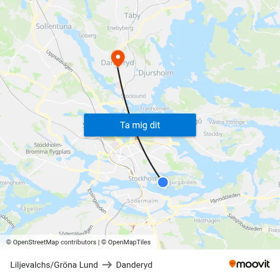 Liljevalchs/Gröna Lund to Danderyd map