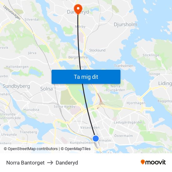 Norra Bantorget to Danderyd map