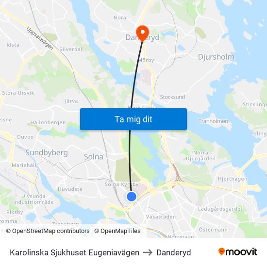 Karolinska Sjukhuset Eugeniavägen to Danderyd map