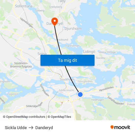 Sickla Udde to Danderyd map