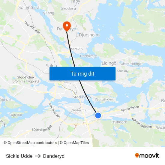 Sickla Udde to Danderyd map