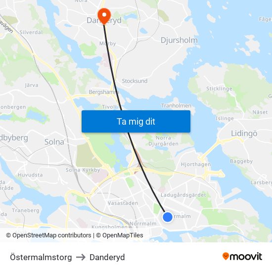 Östermalmstorg to Danderyd map