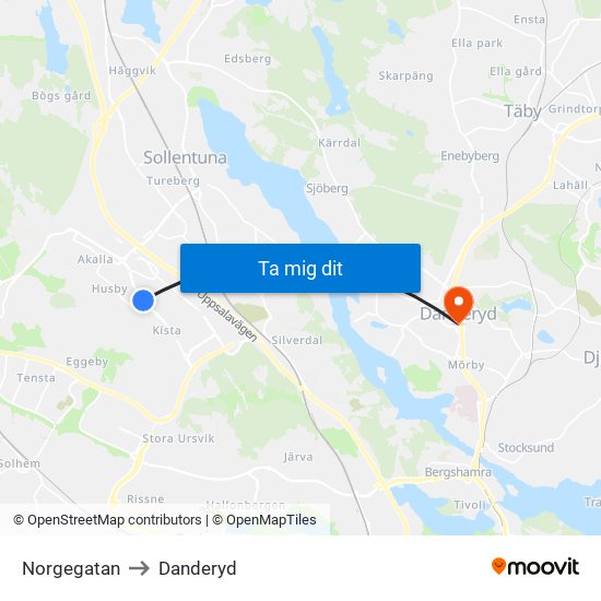 Norgegatan to Danderyd map