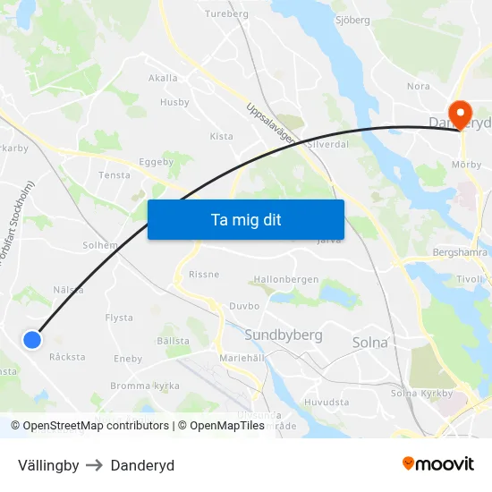 Vällingby to Danderyd map