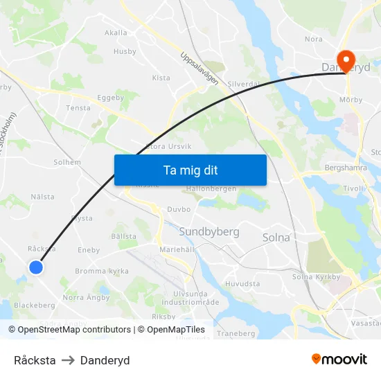 Råcksta to Danderyd map