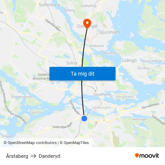 Årstaberg to Danderyd map