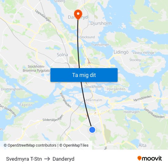 Svedmyra T-Stn to Danderyd map